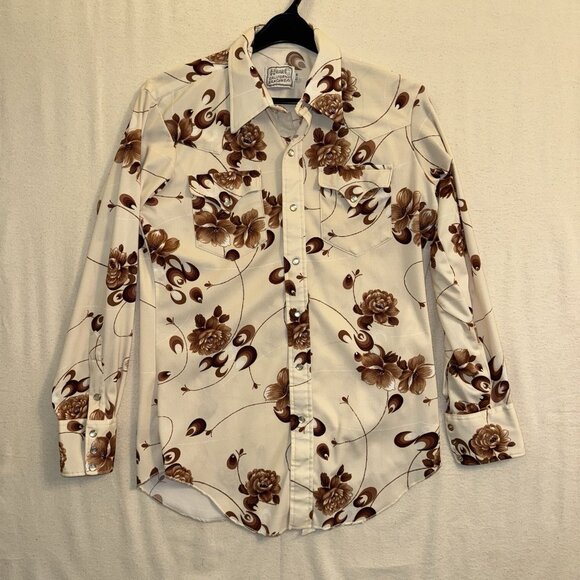 Vtg H Bar C 70s Western Shirt Men 15 1/2 Cowboy Disco Floral Groovy Rockabilly - Picture 1 of 8